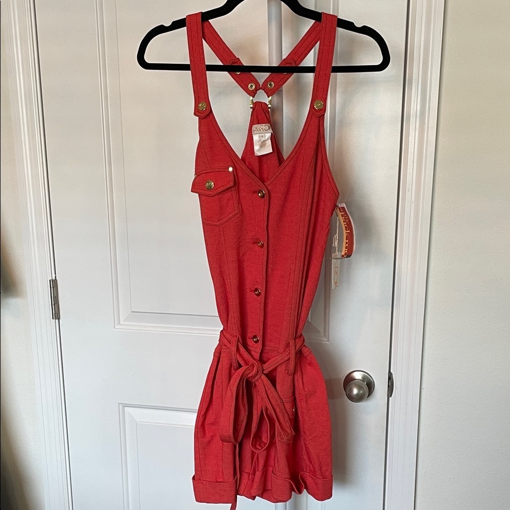 Y2K LaRok Red Button-Front Short Overalls